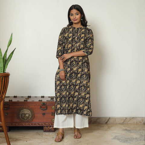 Black Block Print Cotton Straight Kalamkari Kurta 