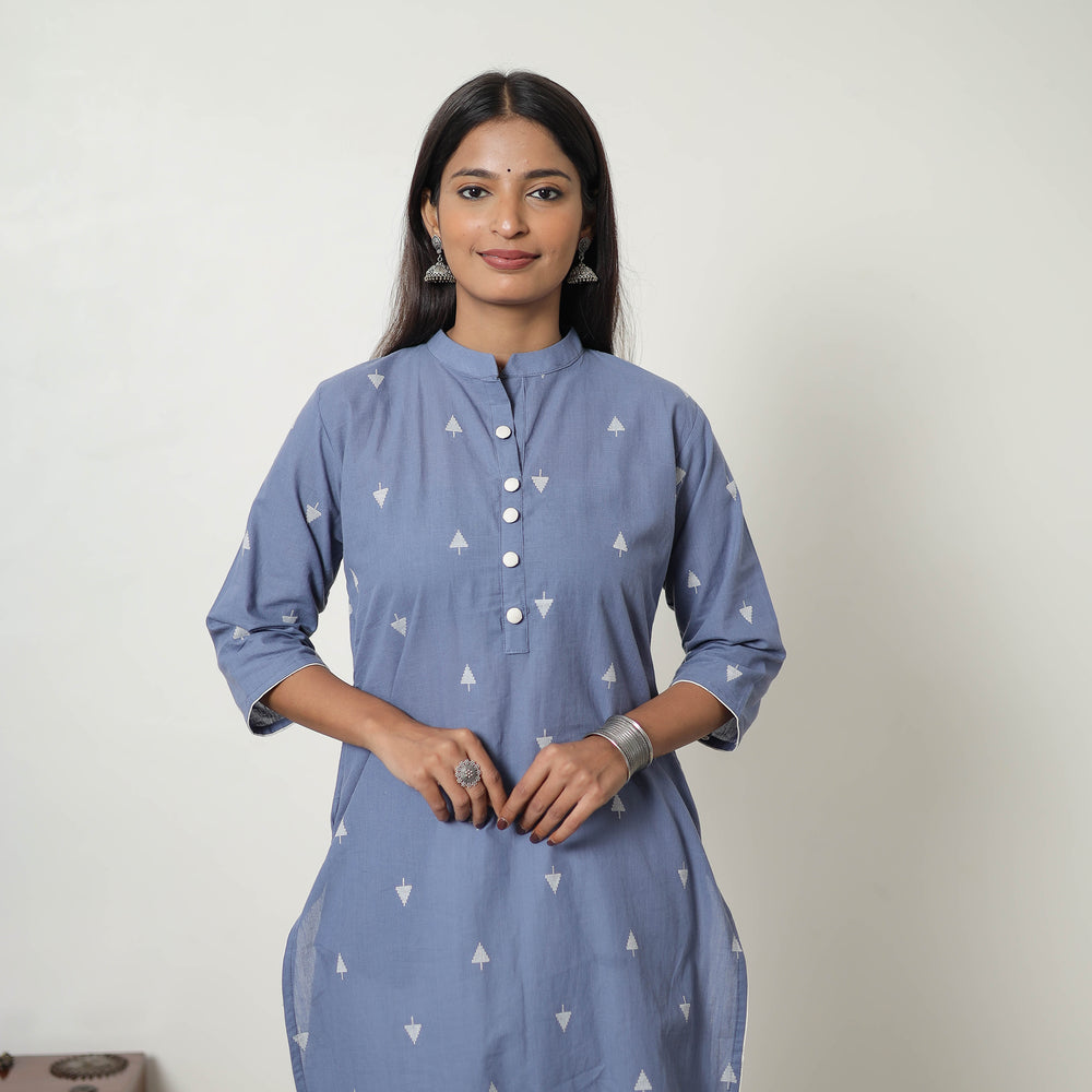 Blue - Pure Cotton A-Line Jacquard Kurta 04