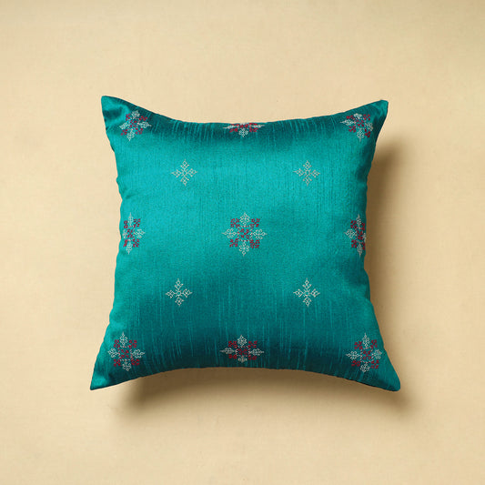 Green - Gavanti Kasuti Hand Embroidery Dupion Silk Cushion Cover (16 x 16 in)