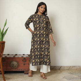 Black Block Print Cotton Straight Kalamkari Kurta 
