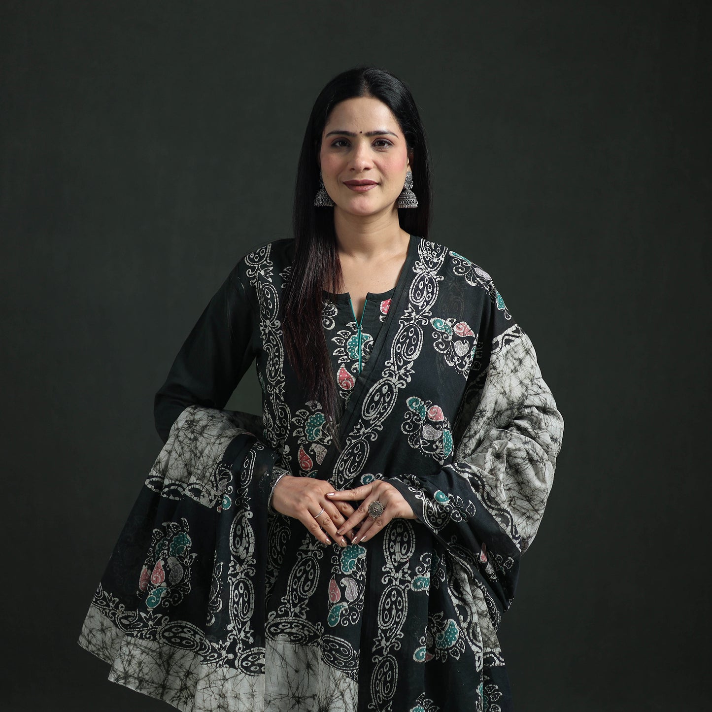 Indonesian Hand Batik Print Cotton Suit Set with Dupatta for Women 05