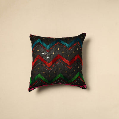 Black - Silk Cotton Phulkari Embroidered Cushion Cover 04