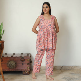 Peach - Sanganeri Block Printed Cotton Night Suit Set 24
