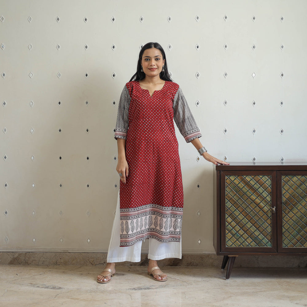 Red - Block Print Cotton Straight Bagh Kurta 06