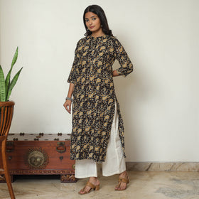 Black Block Print Cotton Straight Kalamkari Kurta 
