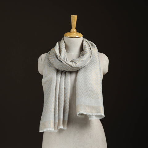 White - Zari Chevron Pattern Fine Wool Stole for Women 25