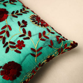 Buy Green Chinon Phulkari Embroidered Cushion Cover