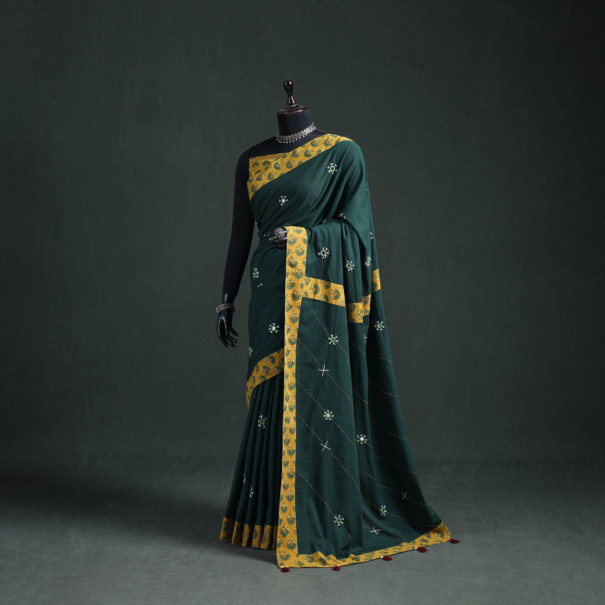 Tagai & Mirror Embroidered Ajrakh Patchwork Pure Mul Cotton Saree with Blouse Piece 03