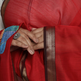 Red - Original Gond Handpainted Handloom Maheshwari Silk Zari Work Dupatta with Tassels