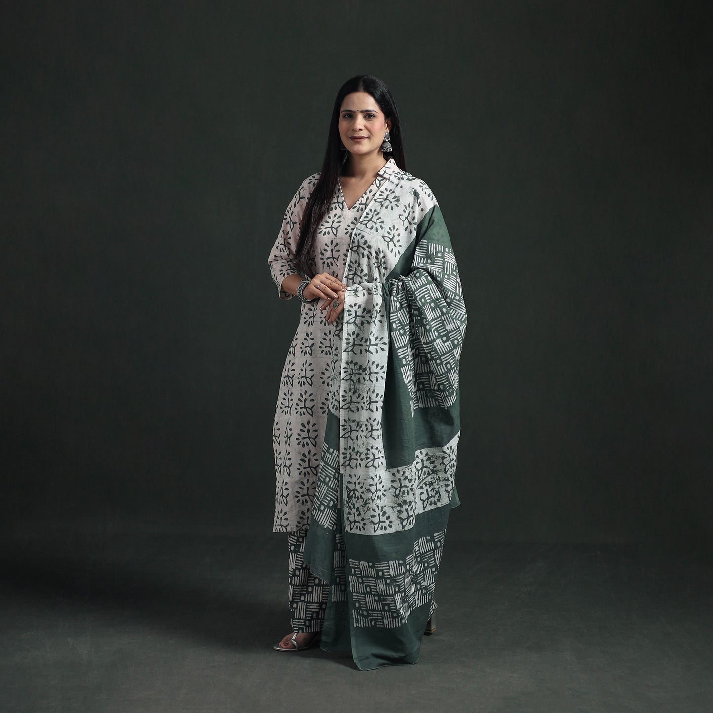 Hand Batik Print Cotton Suit Set with Dupatta for Women 15