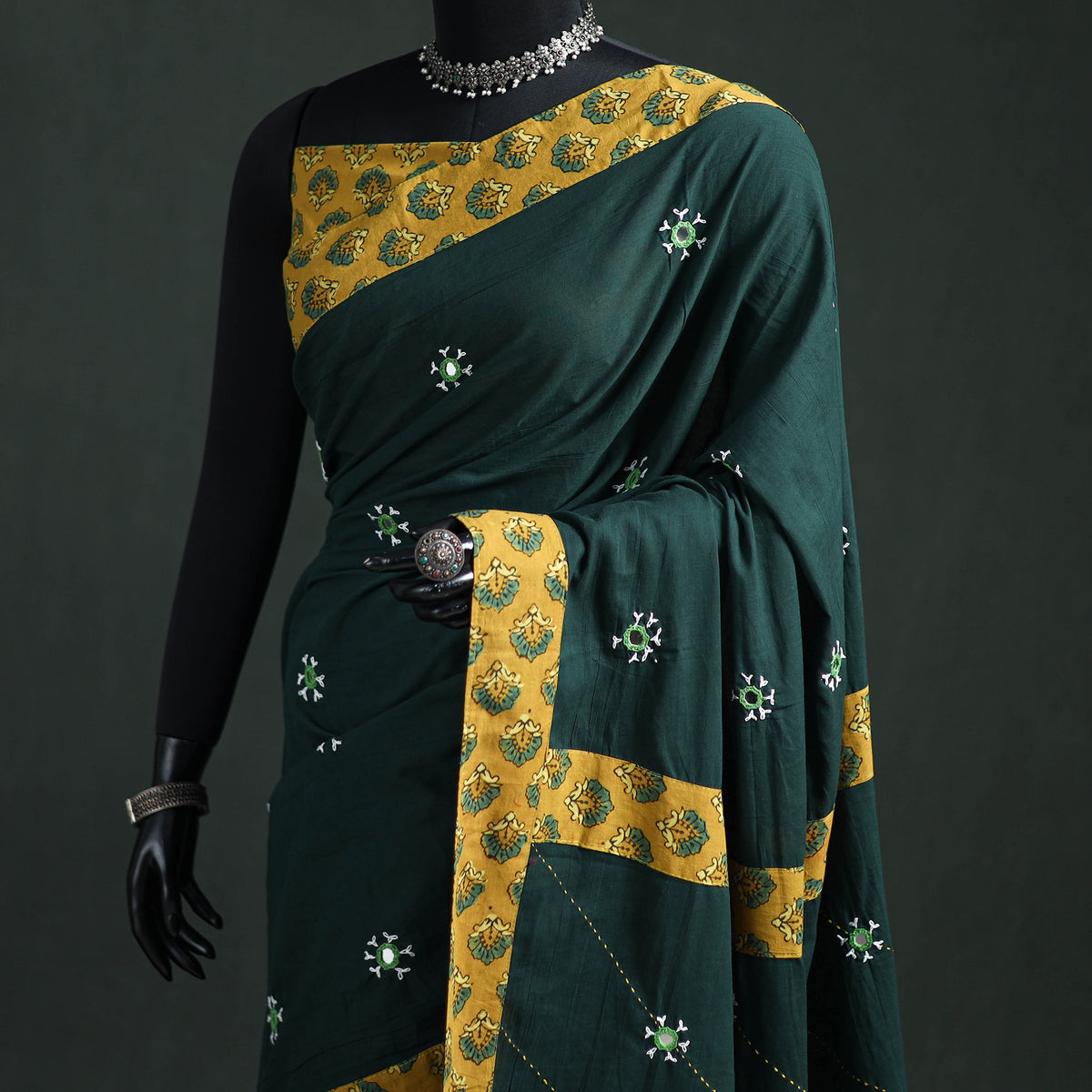 Tagai & Mirror Embroidered Ajrakh Patchwork Pure Mul Cotton Saree with Blouse Piece 03
