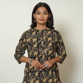Black Block Print Cotton Straight Kalamkari Kurta 