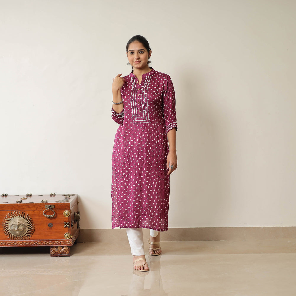 Purple - Tie & dye Modal Silk Straight Bandhani Kurta 04