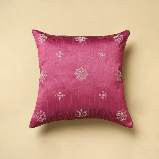 Pink - Gavanti Kasuti Hand Embroidery Dupion Silk Cushion Cover (16 x 16 in)
