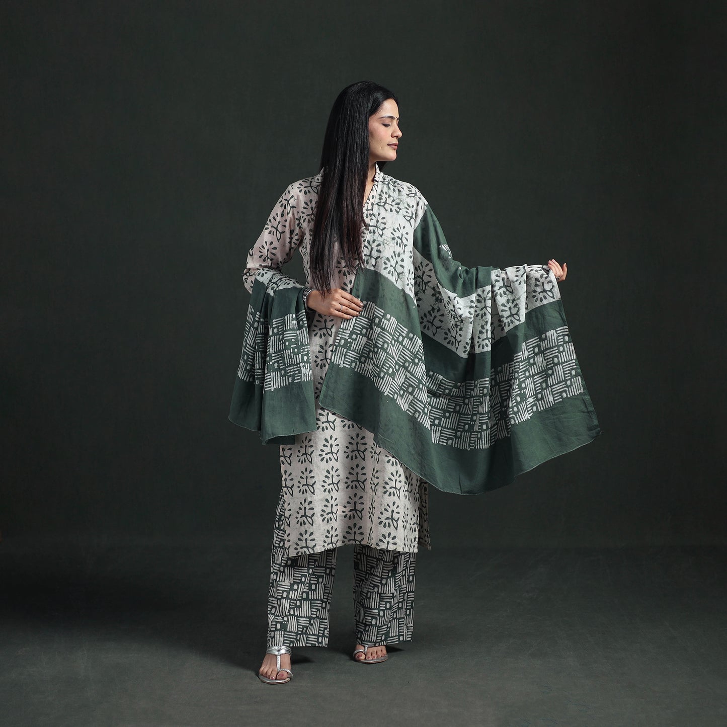 Hand Batik Print Cotton Suit Set with Dupatta for Women 15