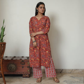 Red - Sanganeri Block Printed Cotton Kurta with Palazzo Set 13