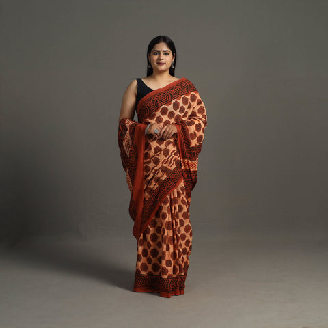 Brown - Bagru Ajrakh Block Printed Mul Cotton Saree