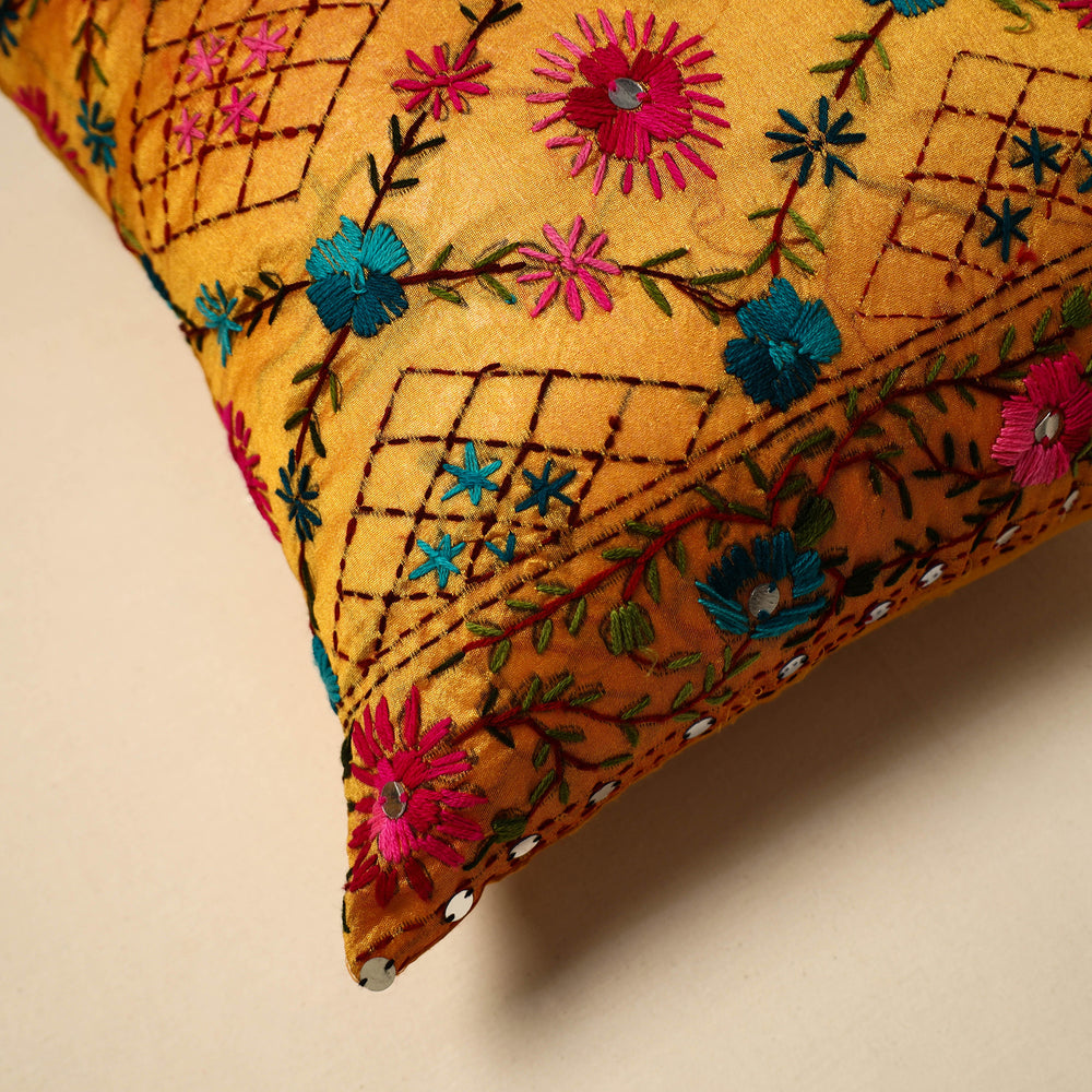 Yellow - Silk Cotton Phulkari Embroidered Cushion Cover 06