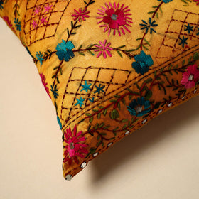 Yellow - silk cotton phulkari hand embroidery cushion cover