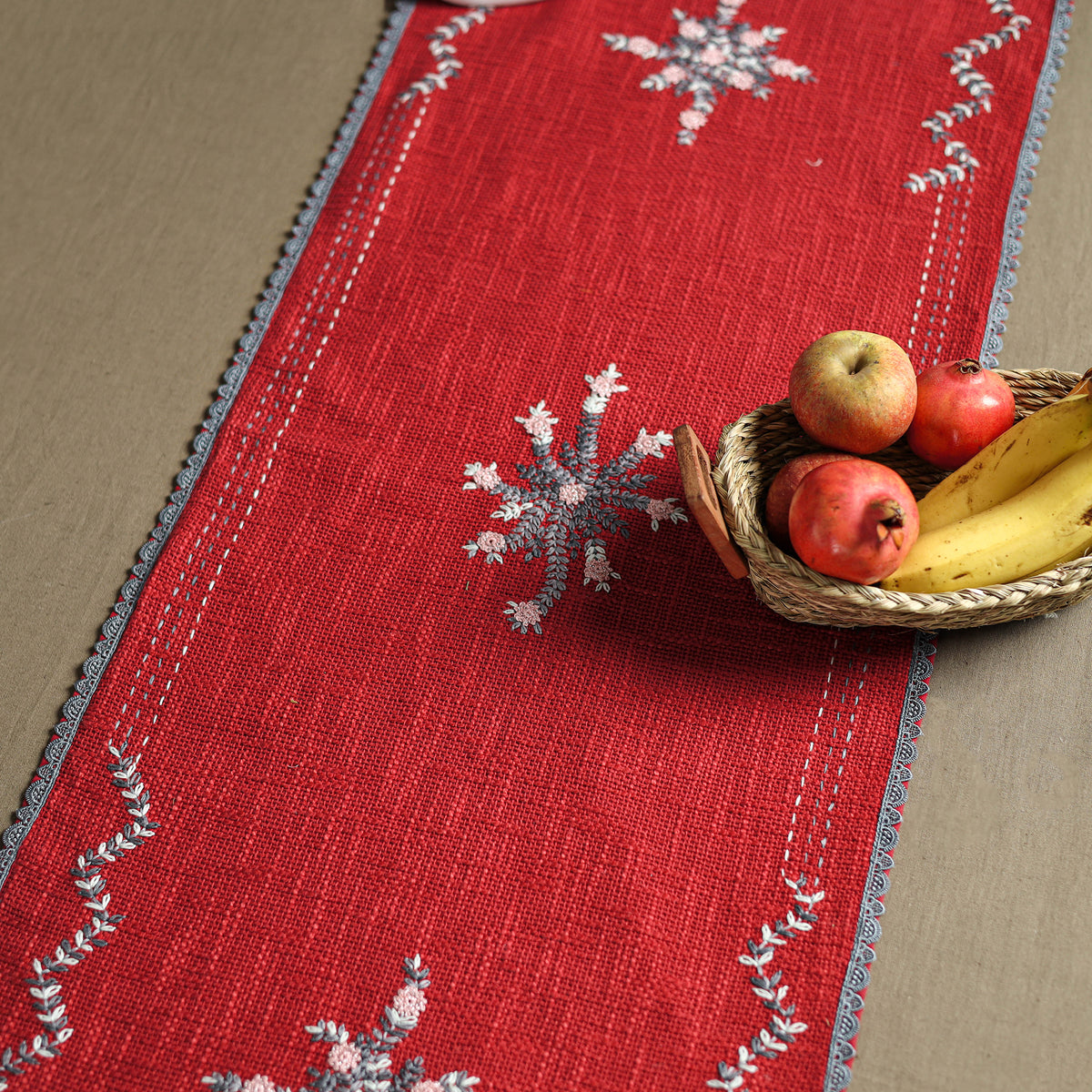 Red - Tribal Hand Embroidered Table Runner by Kamli 17
