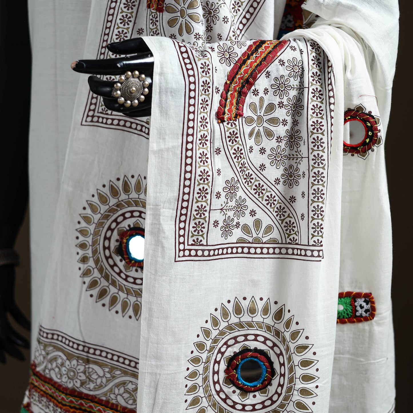 Kutch Hand Embroidered Mirror Work Printed Cotton Dupatta 07