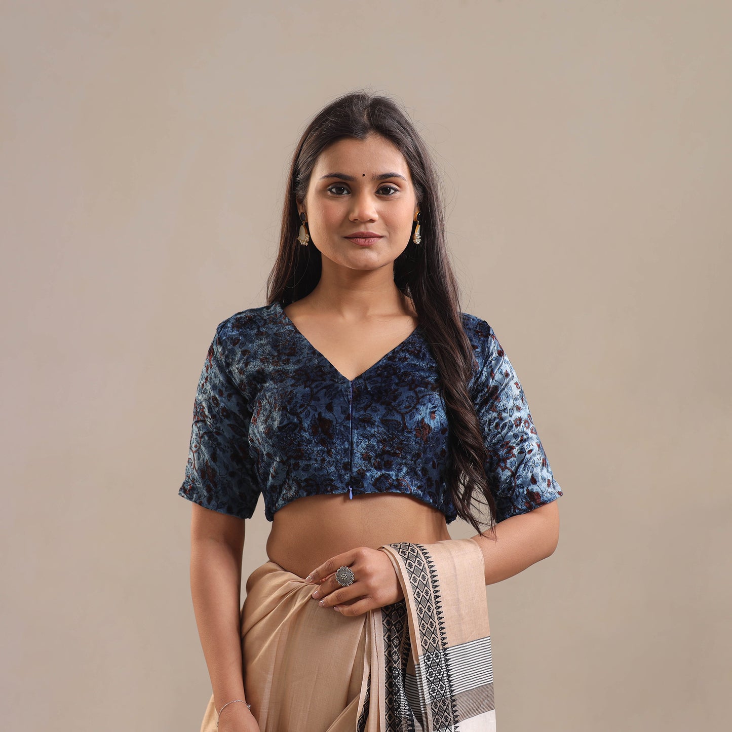 Blue - Velvet Natural Dyed Ajrakh Print Blouse 05