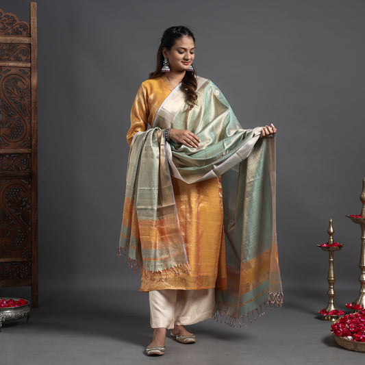 Mustard Yellow - Traditional Maheshwari Tissue Zari Work Cotton Handloom Kurta with Dupatta Set