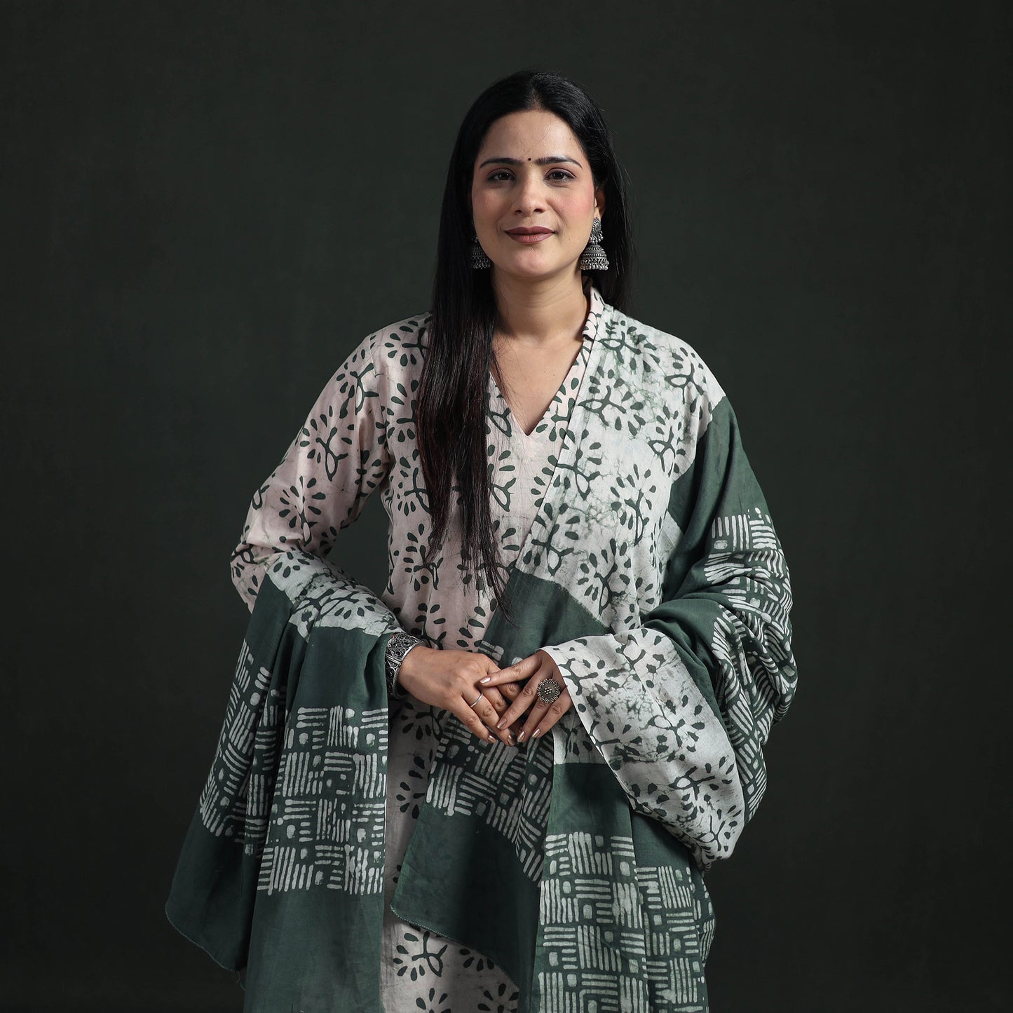 Hand Batik Print Cotton Suit Set with Dupatta for Women 15