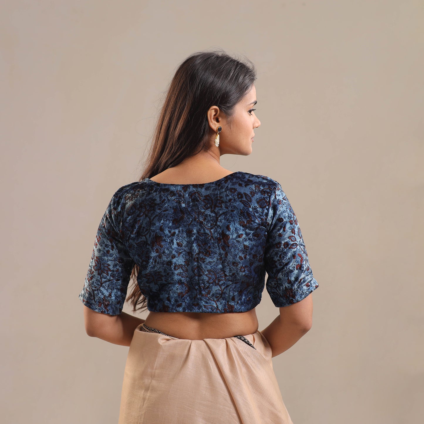 Blue - Velvet Natural Dyed Ajrakh Print Blouse 05