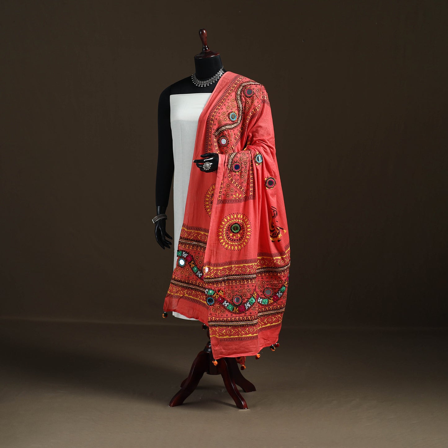 Kutch Hand Embroidered Mirror Work Printed Cotton Dupatta 08