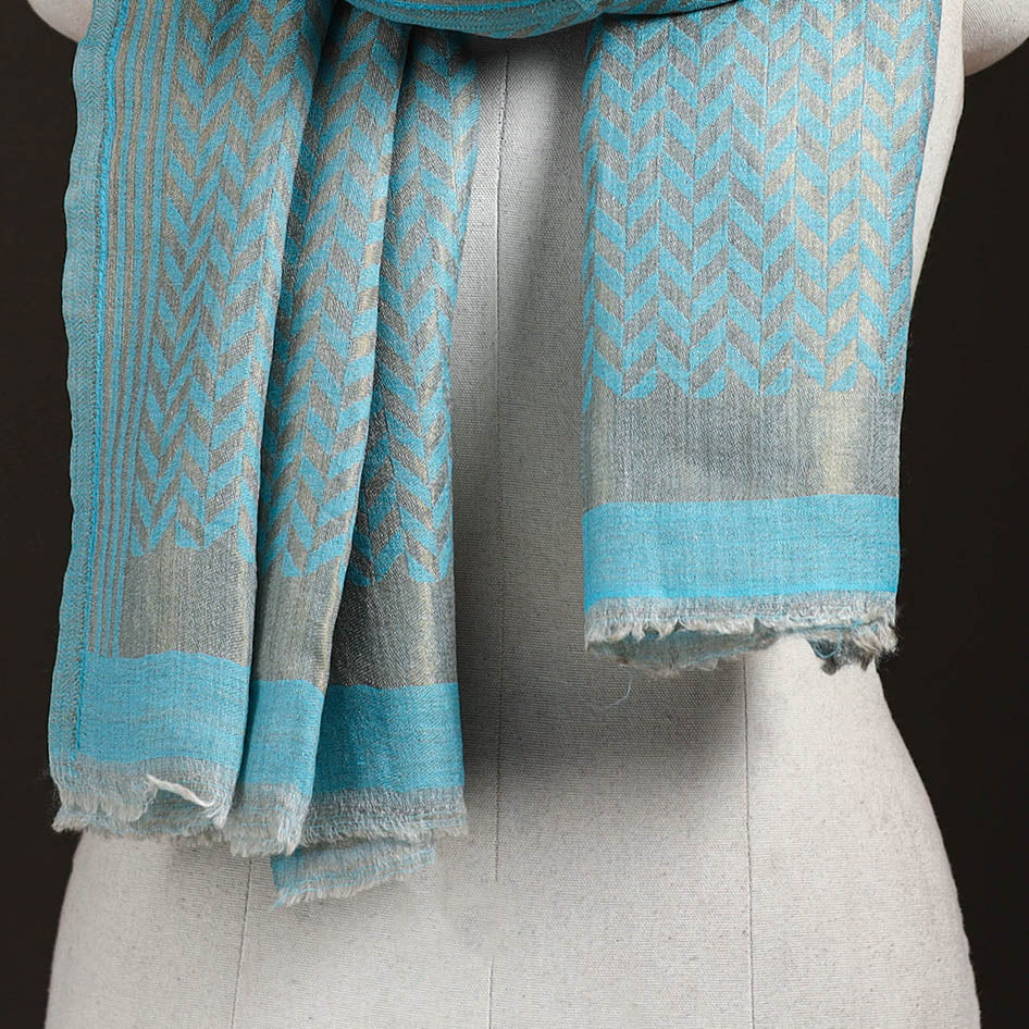 Blue - Zari Chevron Pattern Fine Wool Stole for Women 29