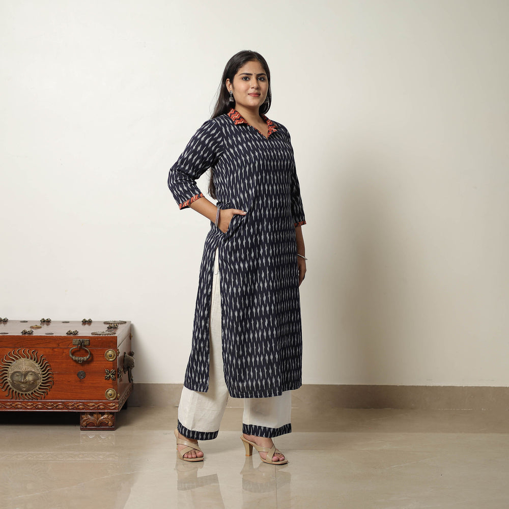 Black - Handloom Cotton Pochampally Ikat Kurta Set 08