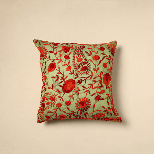 Green - Silk Cotton Phulkari Embroidered Cushion Cover 05