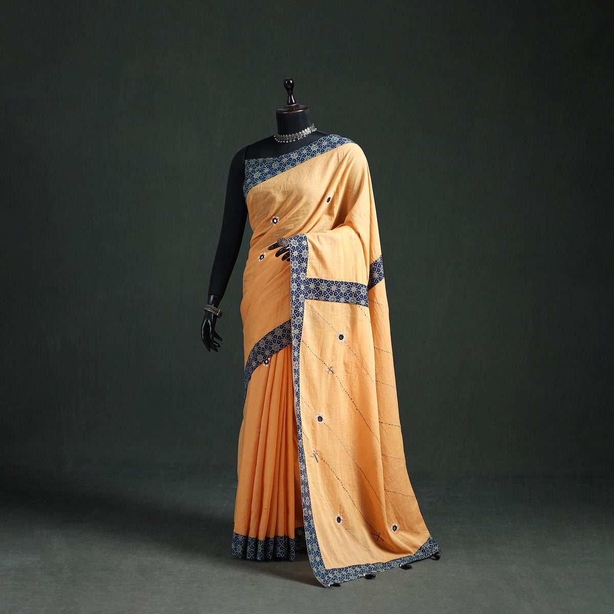 Tagai & Mirror Embroidered Ajrakh Patchwork Pure Mul Cotton Saree with Blouse Piece 04