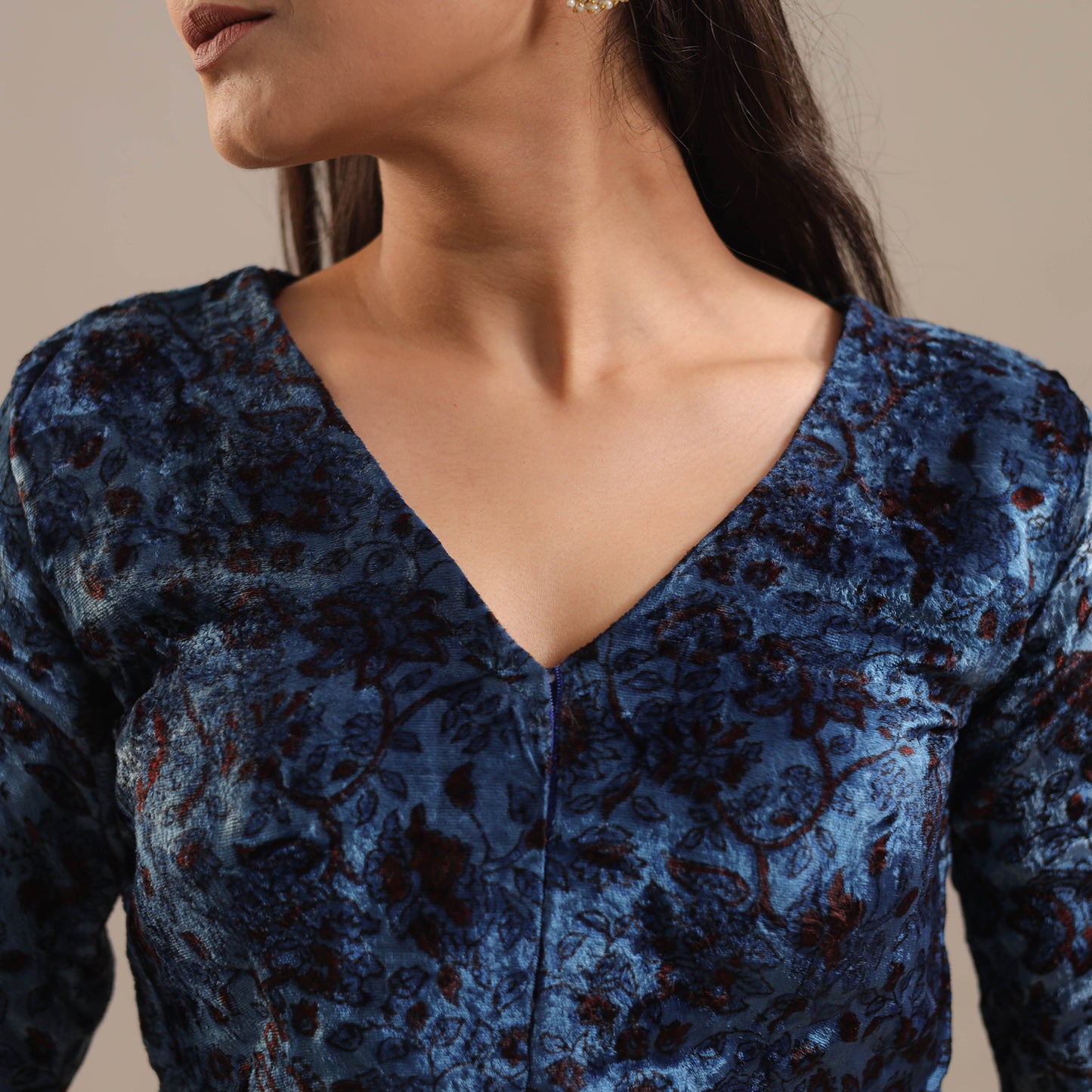 Blue - Velvet Natural Dyed Ajrakh Print Blouse 05