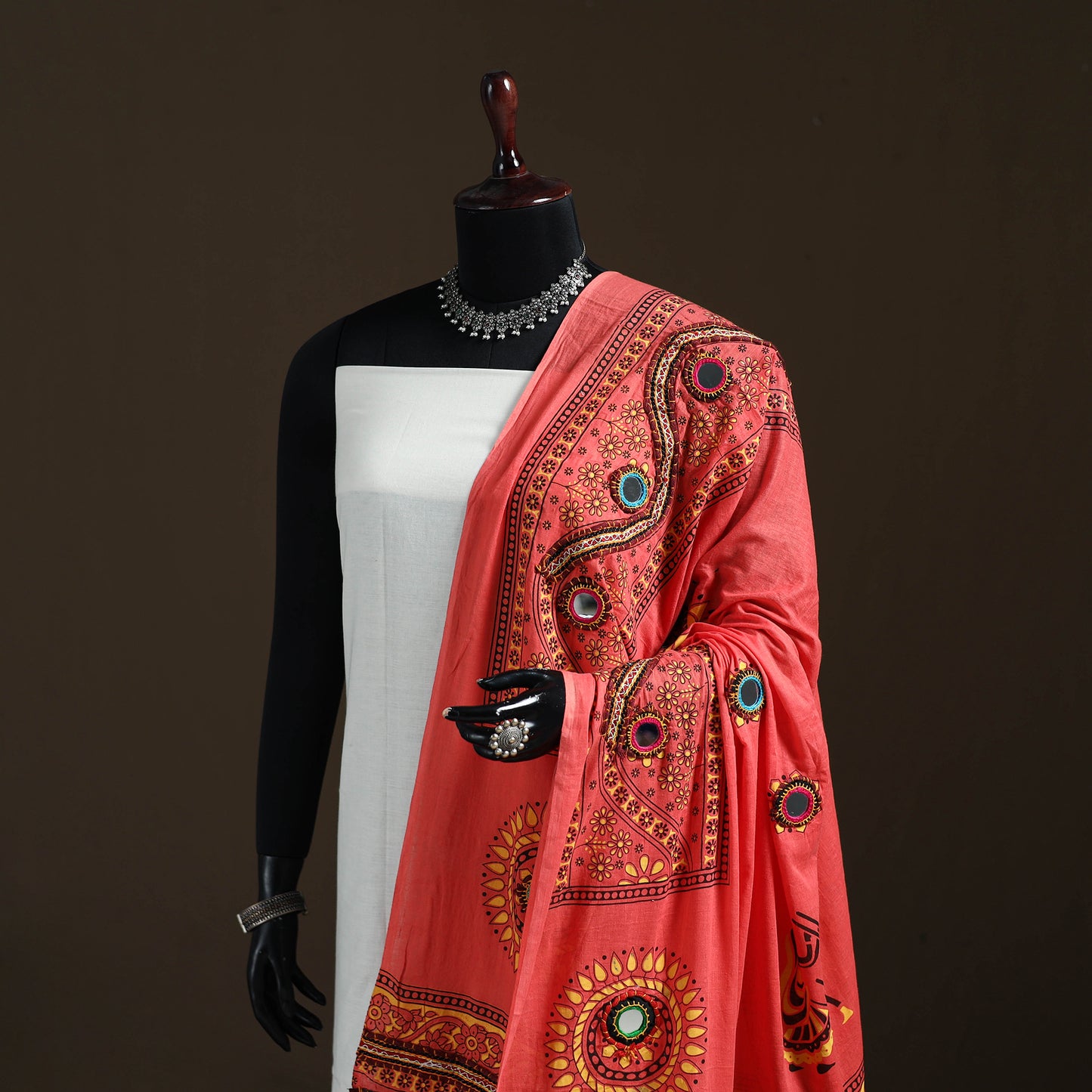 Kutch Hand Embroidered Mirror Work Printed Cotton Dupatta 08