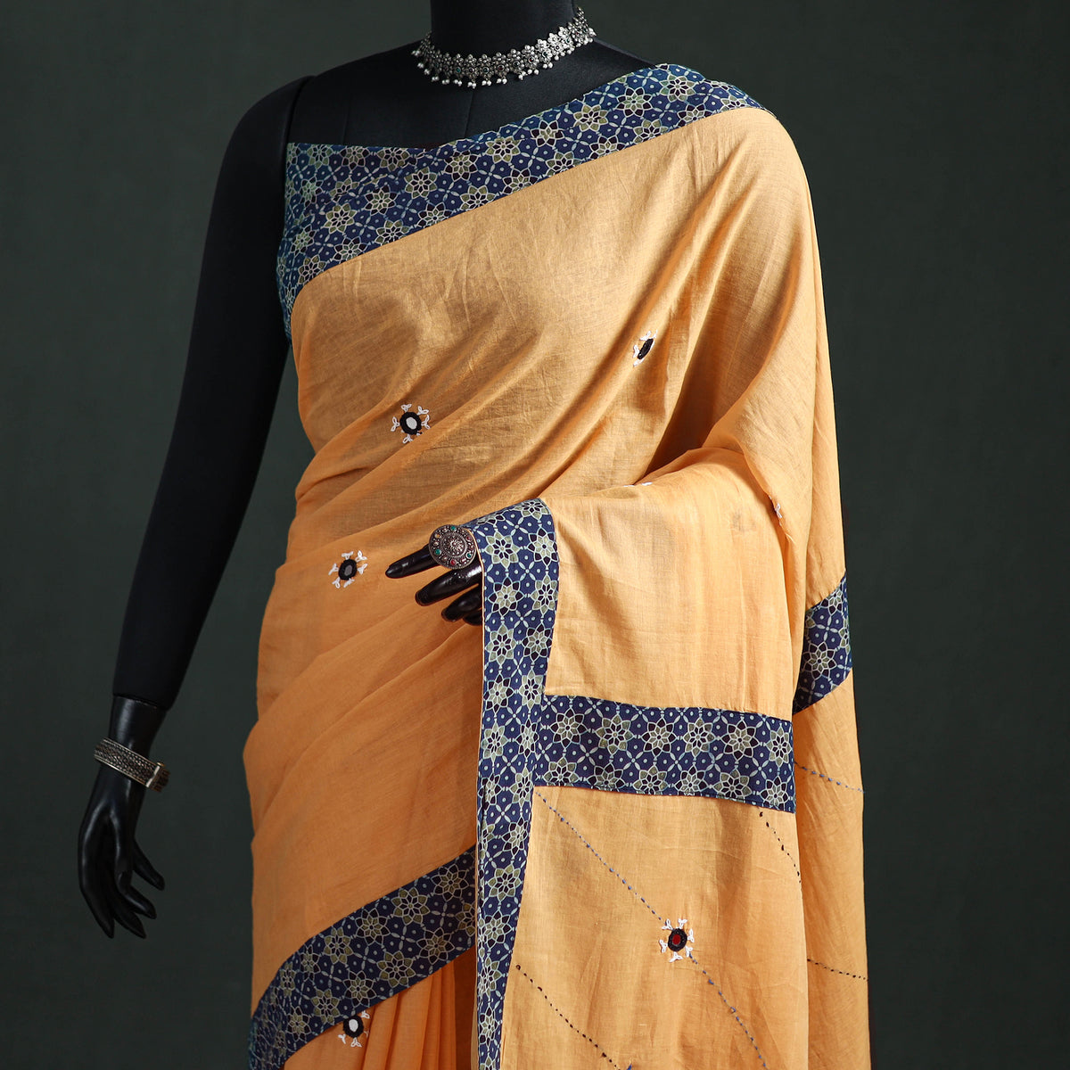 Tagai & Mirror Embroidered Ajrakh Patchwork Pure Mul Cotton Saree with Blouse Piece 04
