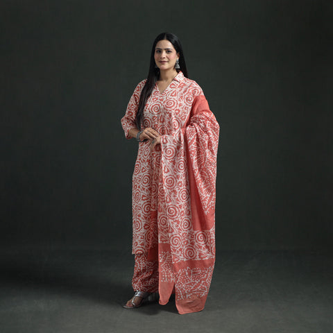 Peach - Hand Batik Print Cotton Suit Set with Dupatta for Women 11