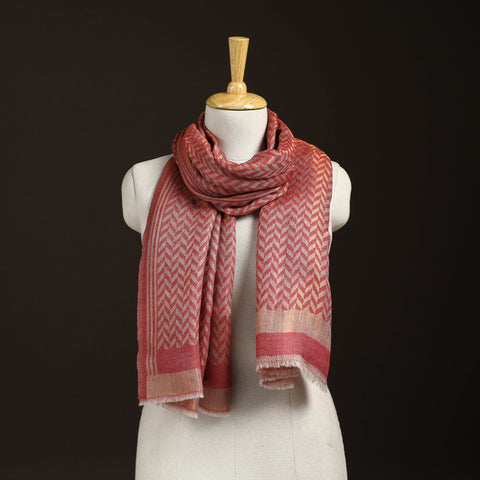 Red - Zari Chevron Pattern Fine Wool Stole for Women 31
