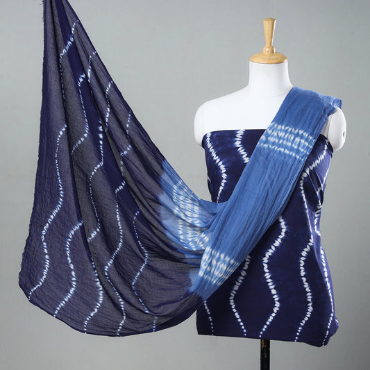 Blue - 3pc Shibori Tie-Dye Mul Cotton Suit Material Set