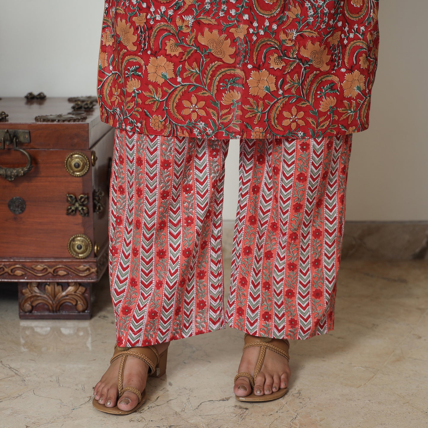 Red - Sanganeri Block Printed Cotton Kurta with Palazzo Set 13
