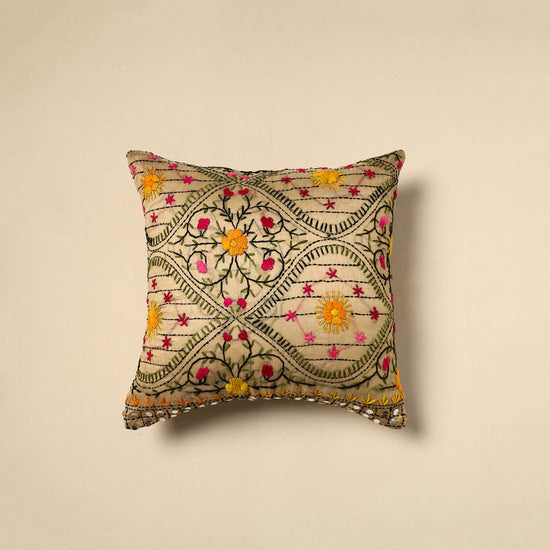 Beige - Silk Cotton Phulkari Embroidered Cushion Cover 07