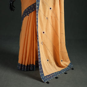 Tagai & Mirror Embroidered Ajrakh Patchwork Pure Mul Cotton Saree with Blouse Piece 04