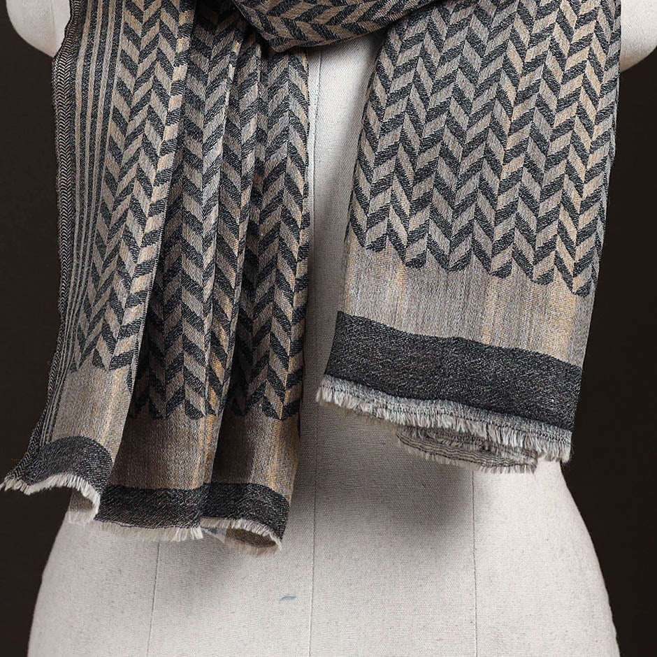 Black - Zari Chevron Pattern Fine Wool Stole for Women 32