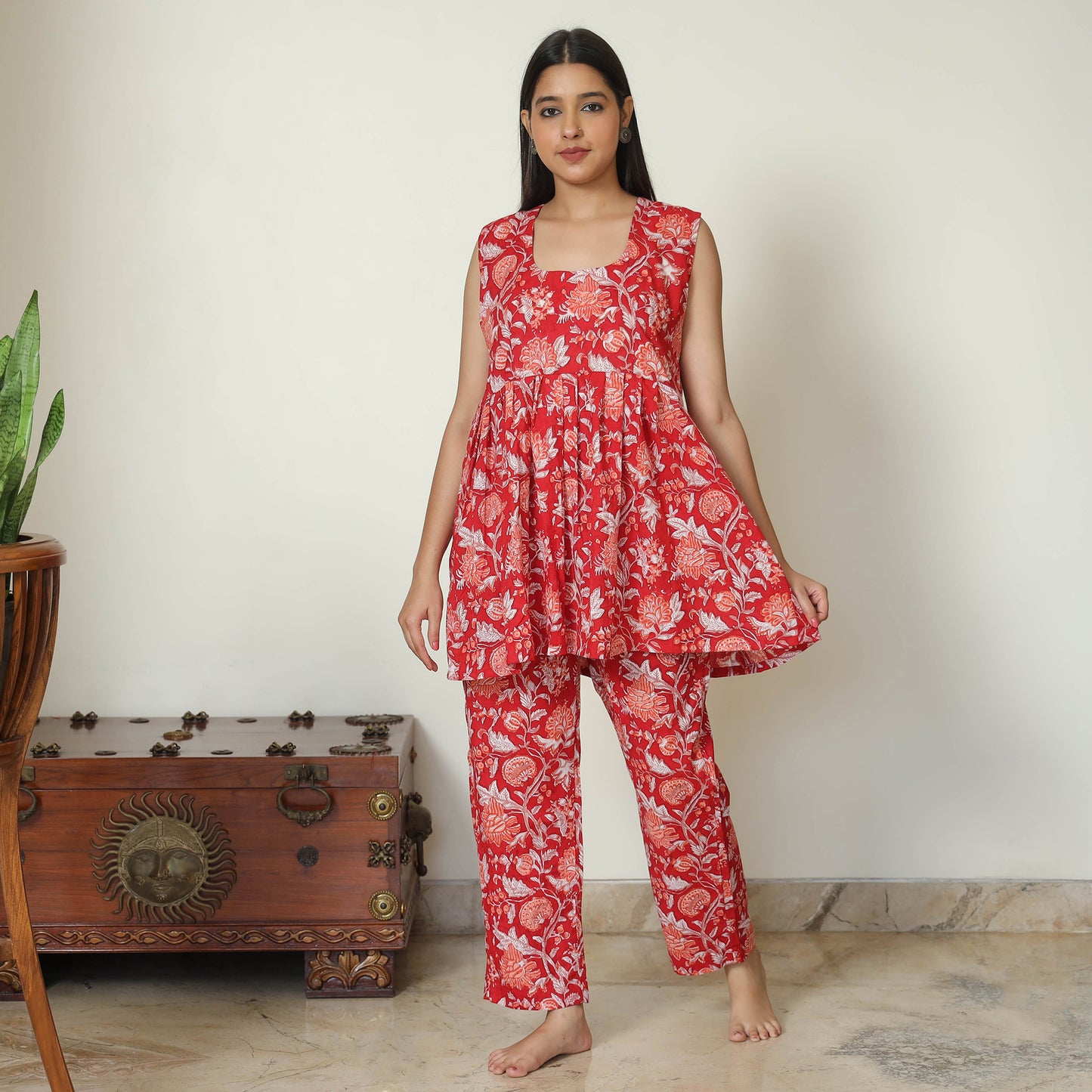 Red - Sanganeri Block Printed Cotton Night Suit Set 21