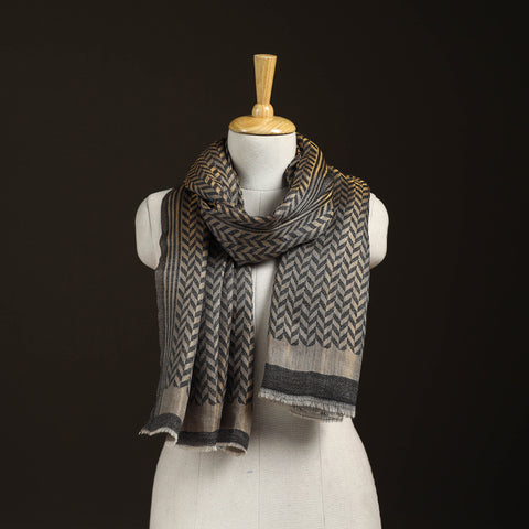 Black - Zari Chevron Pattern Fine Wool Stole for Women 32