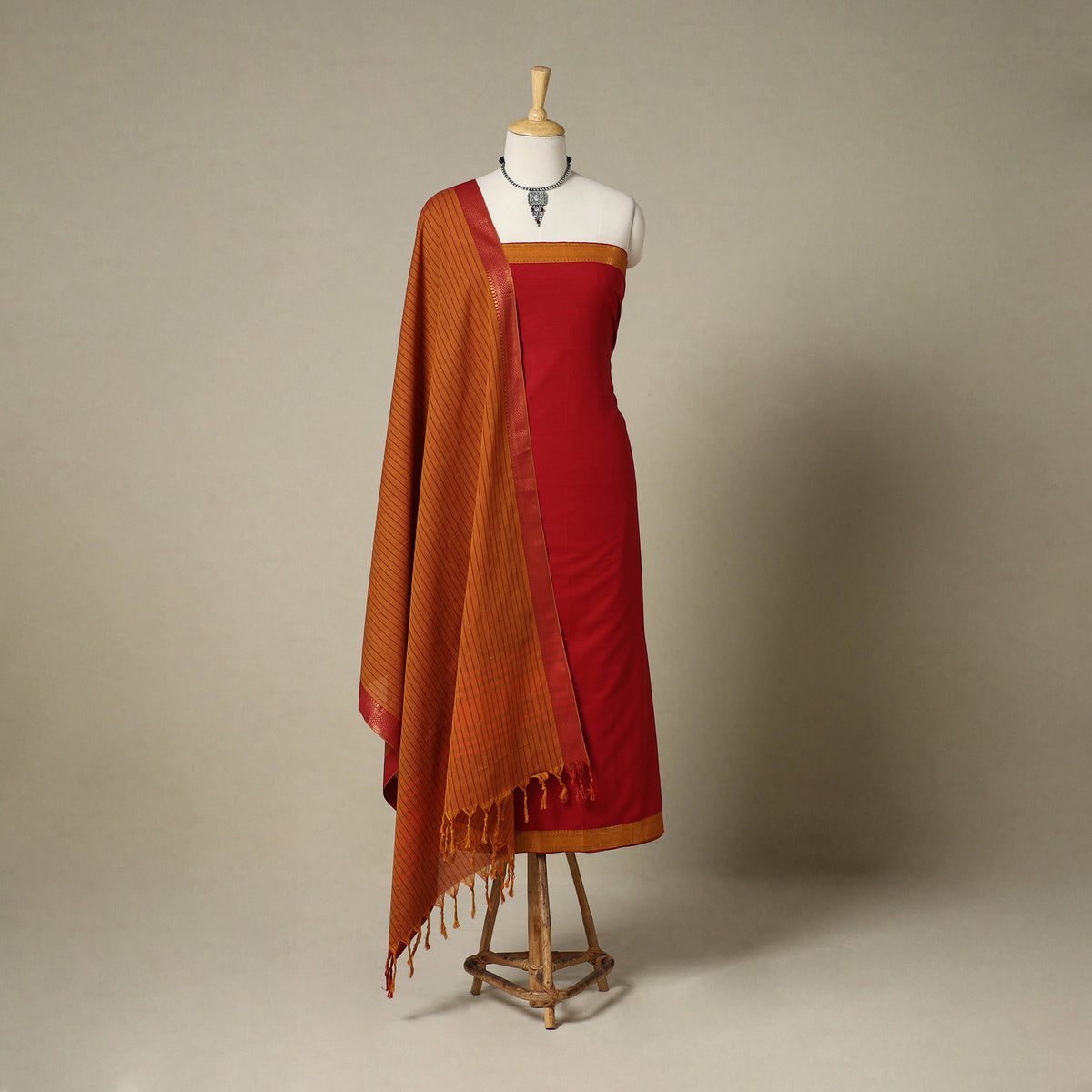 Red 3pc Cotton Unstitched Dharwad Dress Material
