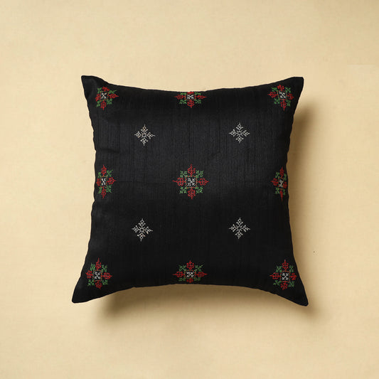 Black - Gavanti Kasuti Hand Embroidery Dupion Silk Cushion Cover (16 x 16 in)