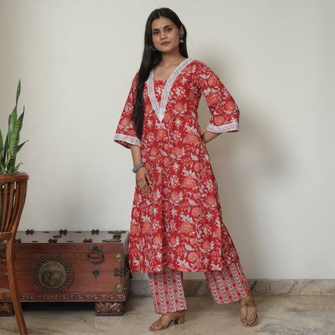 Red - Sanganeri Block Printed Cotton Kurta with Palazzo Set 12