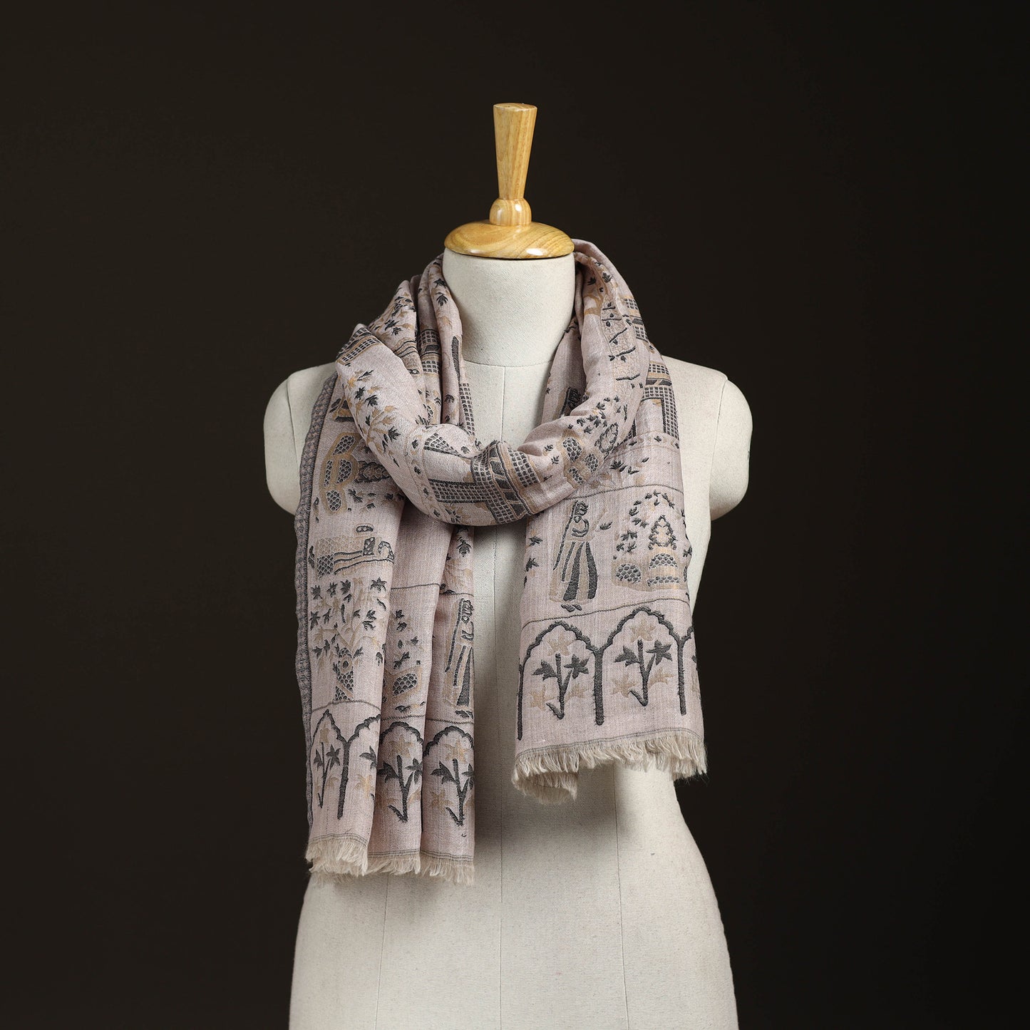 Beige - Kani Weave Zari Jaal Fine Wool Stole for Women 33